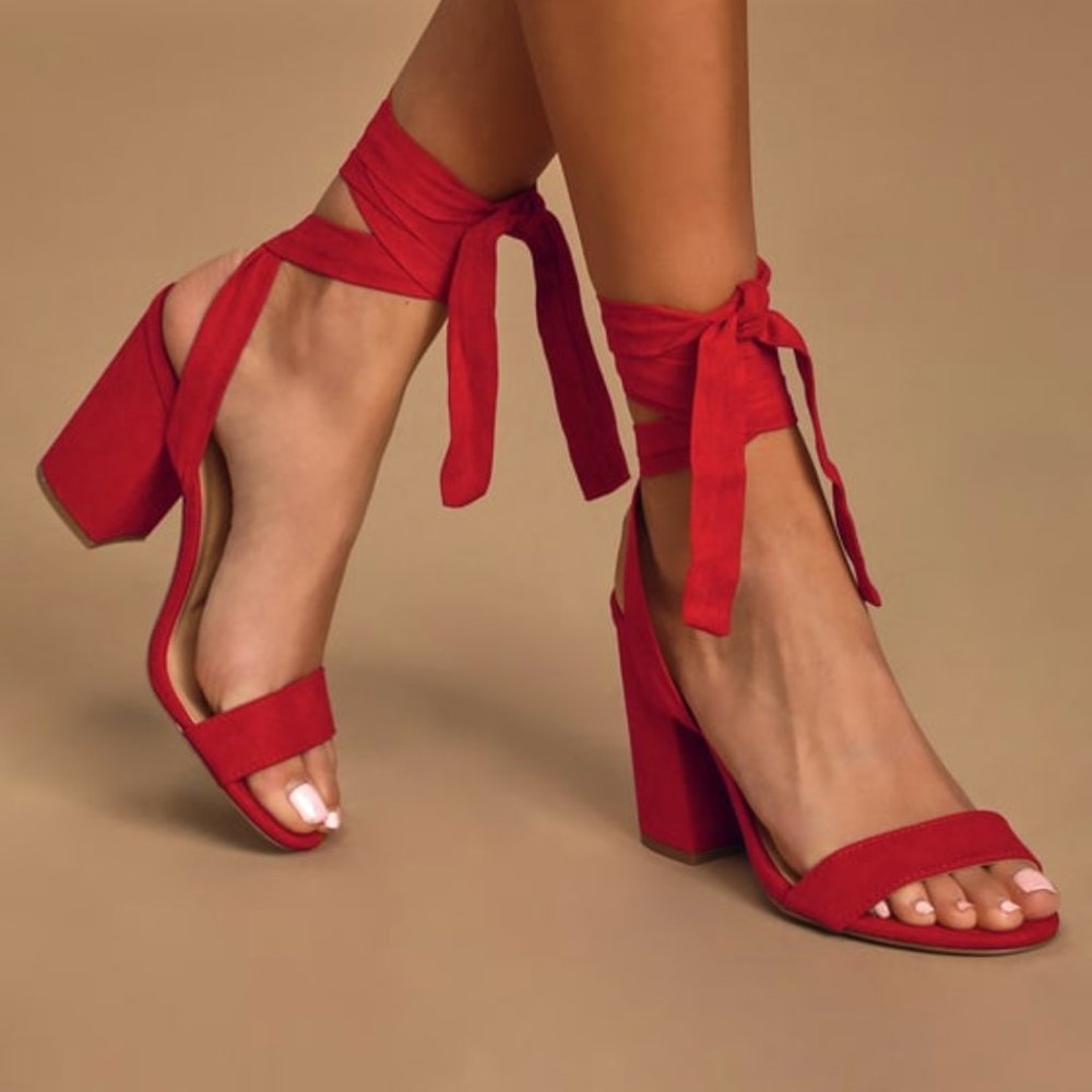 Lulus Alta Dark Red Suede Lace Up Chunk Heels. Never Worn!